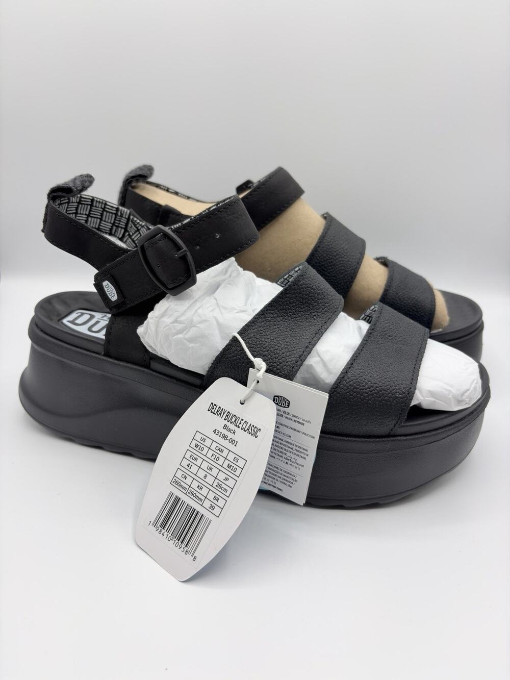 Hey Dude Delray Buckle Classic Women's Black Leather Platform Sandals Sz 10 NWT